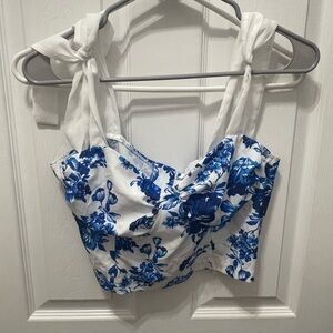 Blue Floral Tie-Shoulder Crop Top - White/Blue